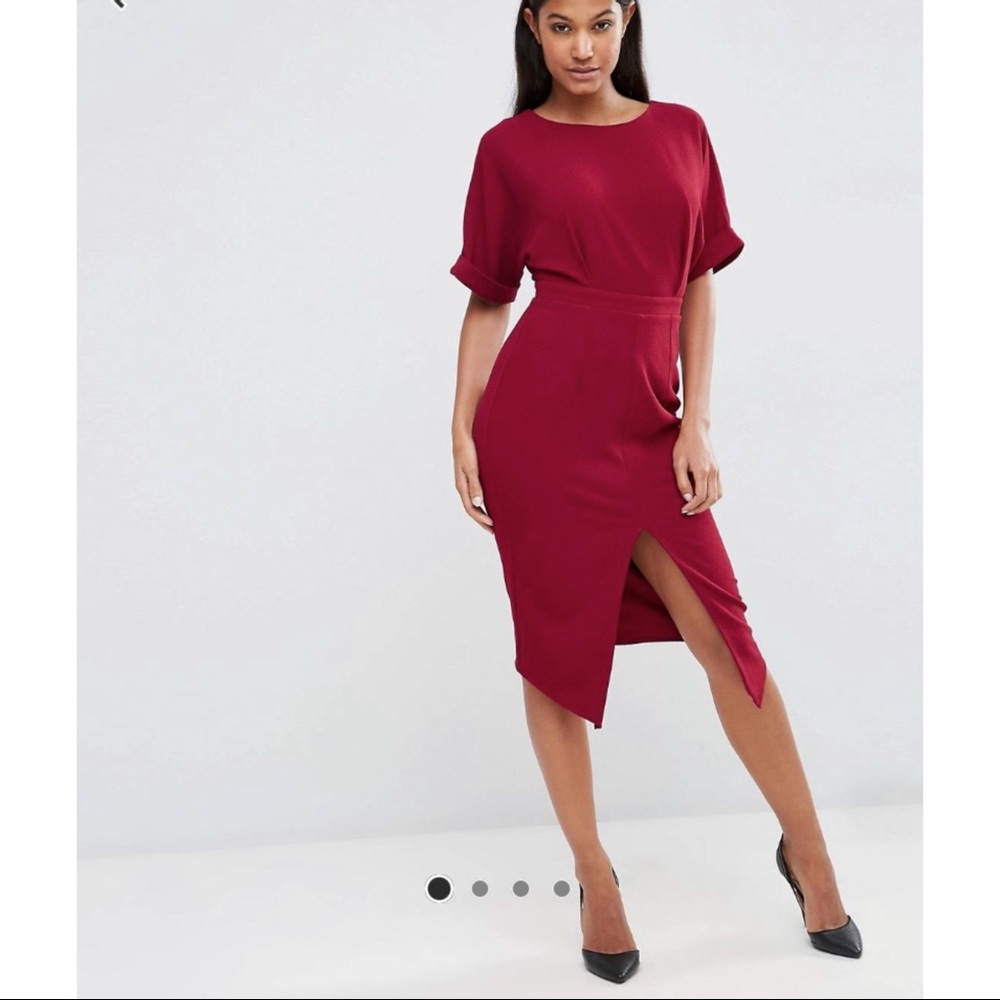 ASOS Wine Red Midi Dress with Front Slit
